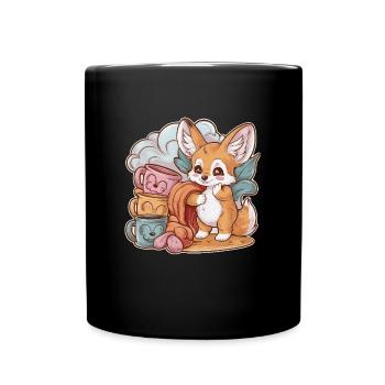 Kawaii Fennec Desert Fox with Cups and Blanket - Full Colour Mug - black - Front