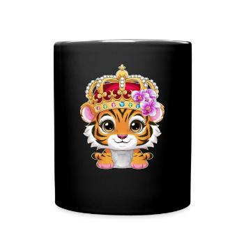 Kawaii tiger with crown and magnificent orchids - Full Colour Mug - black - Front