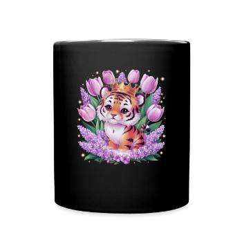 Cartoon Kawaii Tiger with Crown Tulips and Lilac - Full Colour Mug - black - Front