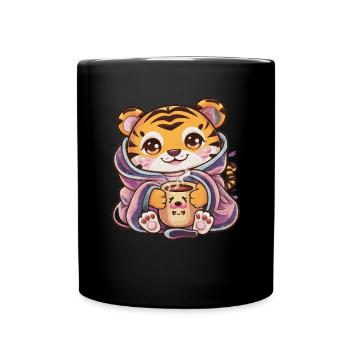 Kawaii Tiger with Cup and Blanket - Full Colour Mug - black - Front