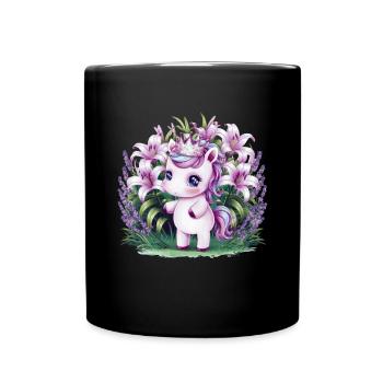 Kawaii Einhorn mit Lavendel und Lillien - Tasse einfarbig - Schwarz - Vorne