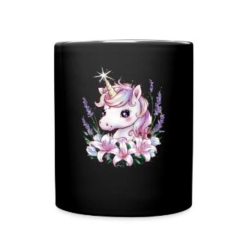Kawaii Einhorn mit Lavendel und Lillien - Tasse einfarbig - Schwarz - Vorne
