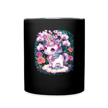 Licorne kawaii avec des roses et des orchidées - Mug uni - noir - Devant