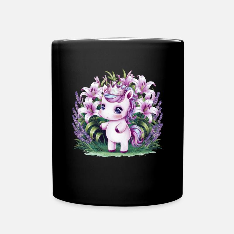 Kawaii Einhorn mit Lavendel und Lillien - Tasse einfarbig - Schwarz