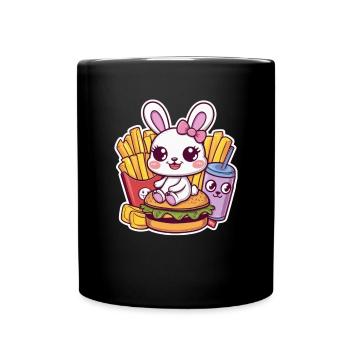 Kawaii Hase mit Fast Food - Tasse einfarbig - Schwarz - Vorne