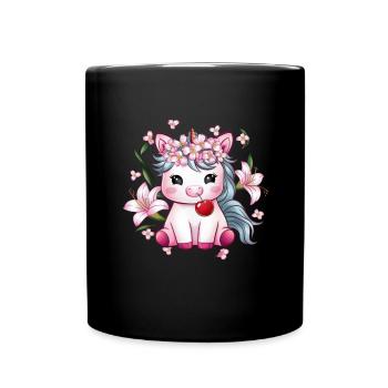 Dessin animé Licorne Kawaii avec des cerises et des lys - Mug uni - noir - Devant