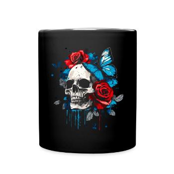 Totenkopf Totenschädel Schmetterling Rose Blume - Tasse einfarbig - Schwarz - Vorne