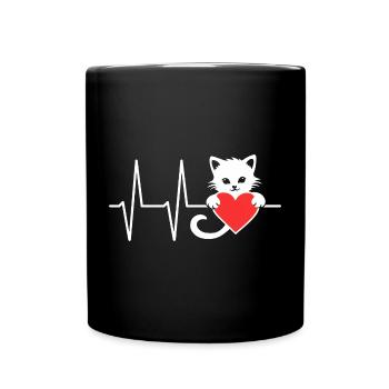 Cute cat graphic with heart line and heart - Full Colour Mug - black - Front