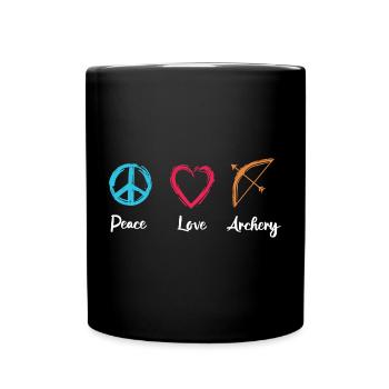 Frieden Liebe Bogenschießen - Tasse einfarbig - Schwarz - Vorne