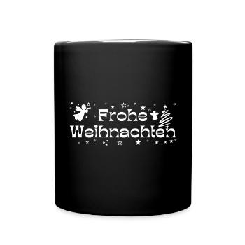 Frohe Weihnachten weiß Sterne Engel Christbaum - Tasse einfarbig - Schwarz - Vorne