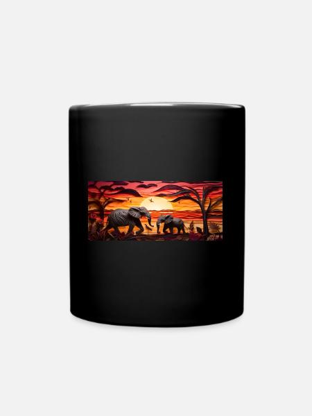 Sunset over savanna - elephants - Full Colour Mug - black