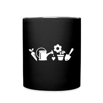 Garten Motive - Gießkanne, Schaufel, Blume, Möhre - Tasse einfarbig - Schwarz - Vorne