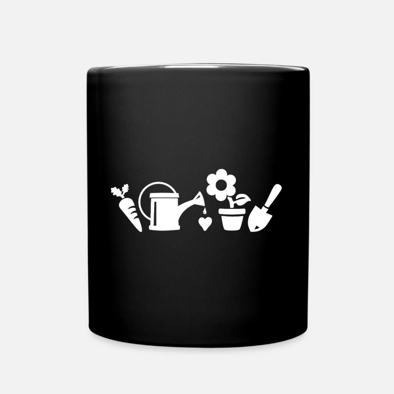 Garten Motive - Gießkanne, Schaufel, Blume, Möhre - Tasse einfarbig - Schwarz