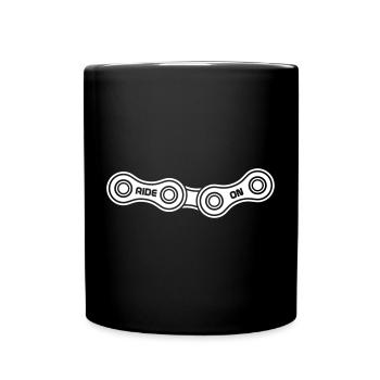 Fahrradkette Ride On Spruch für Radfahrer - Tasse einfarbig - Schwarz - Vorne