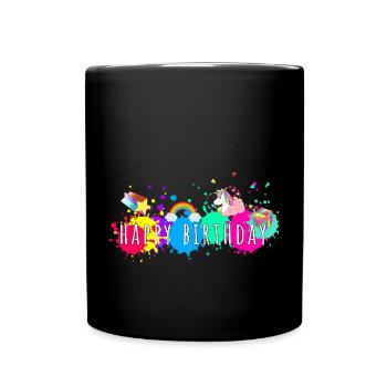 Splash, colorful, happy birthday, birthday, unicorn - Full Colour Mug - black - Front