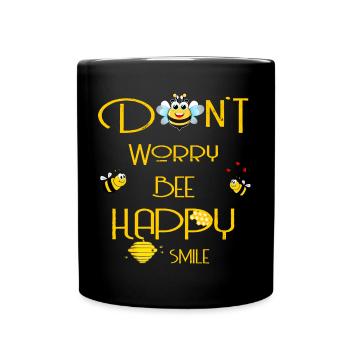 Don't worry bee happy smile yellow - Full Colour Mug - black - Front