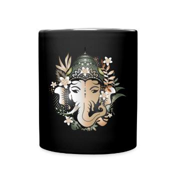 Elefanten Gott Ganesha geschmückt mit Blüten - Tasse einfarbig - Schwarz - Vorne