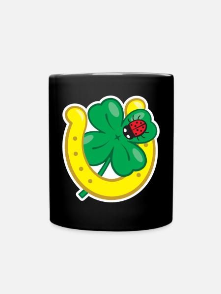 Porte-bonheur avec fer à cheval à feuilles de trèfle et coccinelle - Mug uni - noir