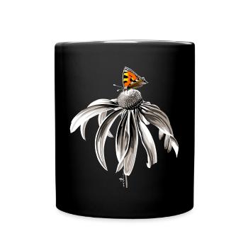 Schwarzweiß Blume mit Schmetterling kleiner Fuchs - Tasse einfarbig - Schwarz - Vorne