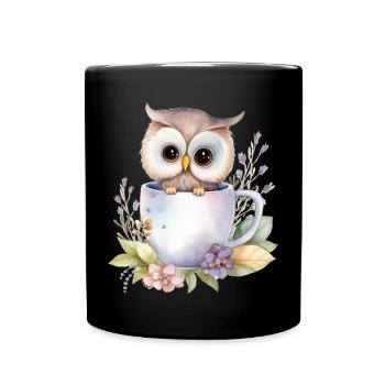 Niedliche Eule mit Blumen in einer Tasse - Tasse einfarbig - Schwarz - Vorne