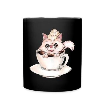 Catpuccino für Katzen und Kaffeeliebhaber Wortwitz - Tasse einfarbig - Schwarz - Vorne