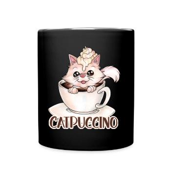 Catpuccino für Katzen und Kaffeeliebhaber Wortwitz - Tasse einfarbig - Schwarz - Vorne