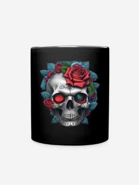 Totenkopf mit Rosen - Tasse einfarbig - Schwarz