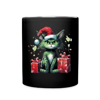 Katze Weihnachten Weihnachtselfe Geschenke Mütze - Tasse einfarbig - Schwarz - Vorne