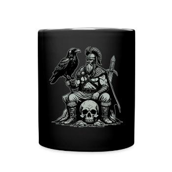 Wikinger mit Schwert und Rabe auf Schädel - Tasse einfarbig - Schwarz - Vorne