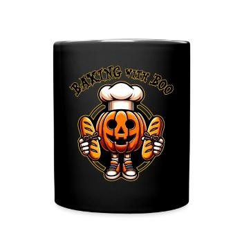 Halloweenkürbis mit Bäckermütze und Broten - Tasse einfarbig - Schwarz - Vorne