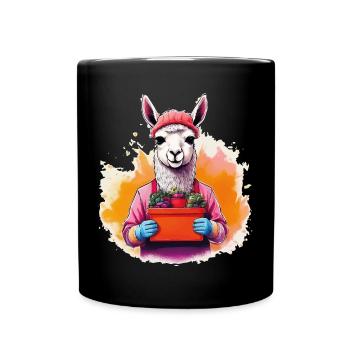 Lama mit Blumen und Beanie - Tasse einfarbig - Schwarz - Vorne