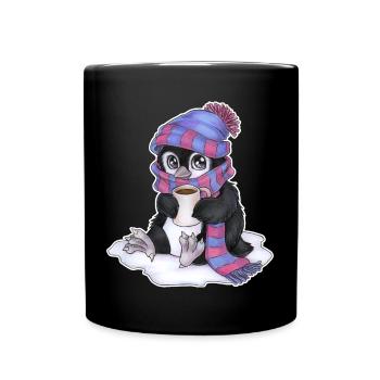 Niedlicher Chibi Pinguin mit Schal und Mütze - Tasse einfarbig - Schwarz - Vorne