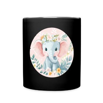 Sanftes Elefantenbaby mit Blumenkranz - Tasse einfarbig - Schwarz - Vorne