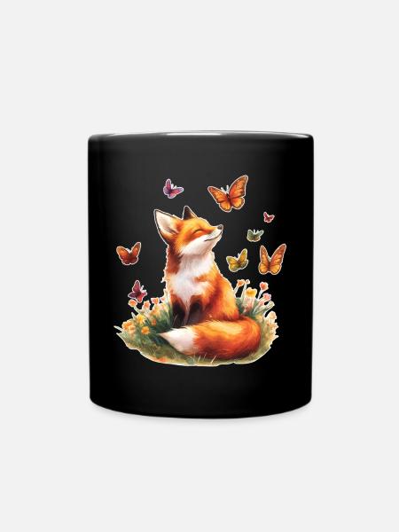 Fuchs mit Schmetterlingen - Tasse einfarbig - Schwarz