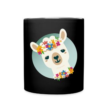 Flowery Alpaca with Wreath – Cheerful Summer Motif - Full Colour Mug - black - Front