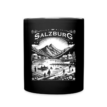 Salzburg-Design | Berge See und Kinder - Tasse einfarbig - Schwarz - Vorne