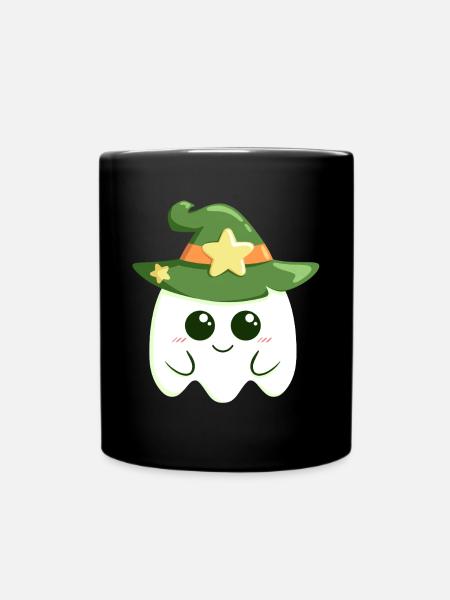 Cute ghost for Halloween dressed as a witch - Full Colour Mug - black