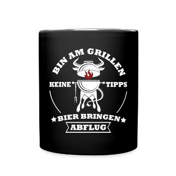 Grillkoch Spruch Logo Mit Kuh BBQ - Tasse einfarbig - Schwarz - Vorne