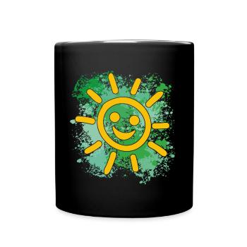 Lachende Sonne auf bunten Farbklecksen - Tasse einfarbig - Schwarz - Vorne