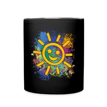 Smiling sun on colorful splashes of color - Full Colour Mug - black - Front