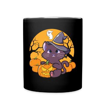 Halloween Katze Hexe - Tasse einfarbig - Schwarz - Vorne