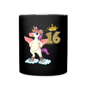 Birthday Girl 16 Years Gift Unicorn - Full Colour Mug - black - Front