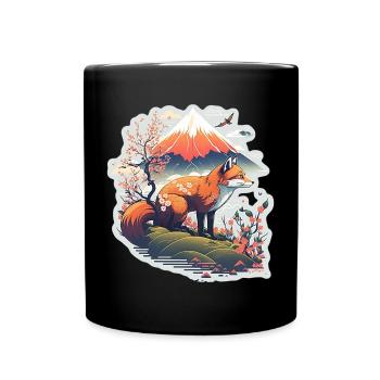 Fuchs Japan Kirschblüte Blume Japanisch Retro - Tasse einfarbig - Schwarz - Vorne