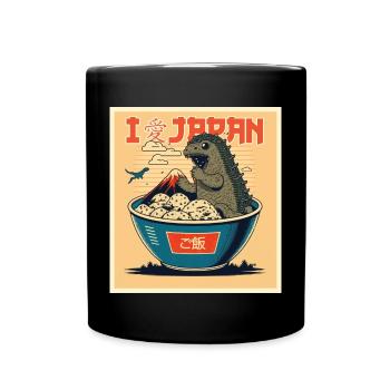 Kaiju in Reisschale – Japanliebe Retro - Tasse einfarbig - Schwarz - Vorne