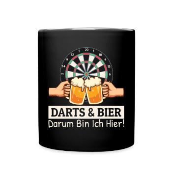 Darts Und Bier Darum Bin Ich Hier Dart Sprüche - Tasse einfarbig - Schwarz - Vorne