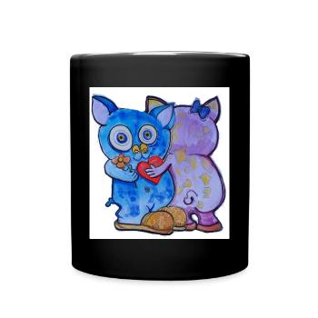 Liebes-Duo Katzengesicht mit Blumen - Tasse einfarbig - Schwarz - Vorne