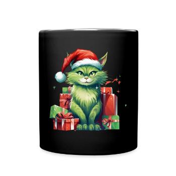 Katze Weihnachten Weihnachtselfe Geschenke Mütze - Tasse einfarbig - Schwarz - Vorne
