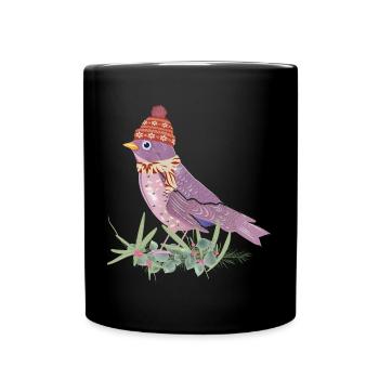 Vogel mit Bommelmütze und Schal in Winter Stimmung - Tasse einfarbig - Schwarz - Vorne