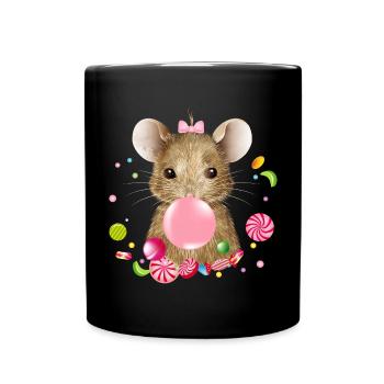 Souris mignonne avec du chewing-gum rose et des bonbons - Mug uni - noir - Devant