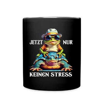 Jetzt nur keinen Stress Frosch und Schildkröte - Tasse einfarbig - Schwarz - Vorne